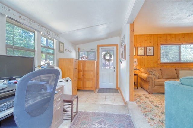 1815 Thrush Rd, Wrightwood, CA 92397 - carpeted home office with lofted ceiling and wood walls
