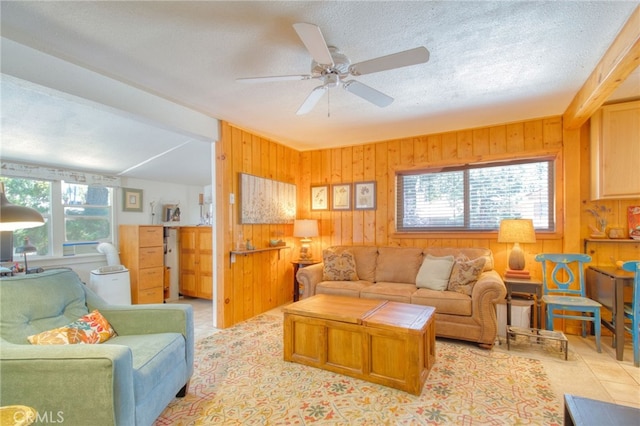 1815 Thrush Rd, Wrightwood, CA 92397 - living room with a ceiling fan, wood walls, and a textured ceiling
