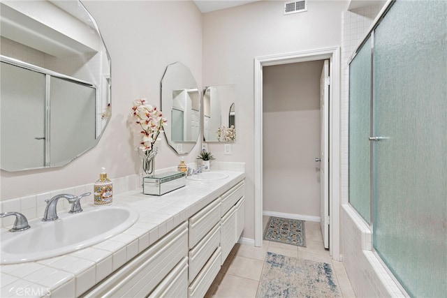 29 Baycrest Ct Unit 16, Newport Beach, CA 92660 - full bath with a shower with door, double vanity, and tile patterned floors