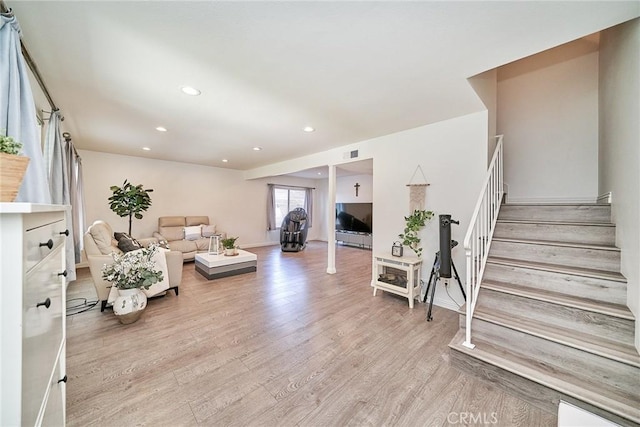 16011 Sugarpine Ln, Cerritos, CA 90703 - living room with stairway, wood finished floors, and recessed lighting