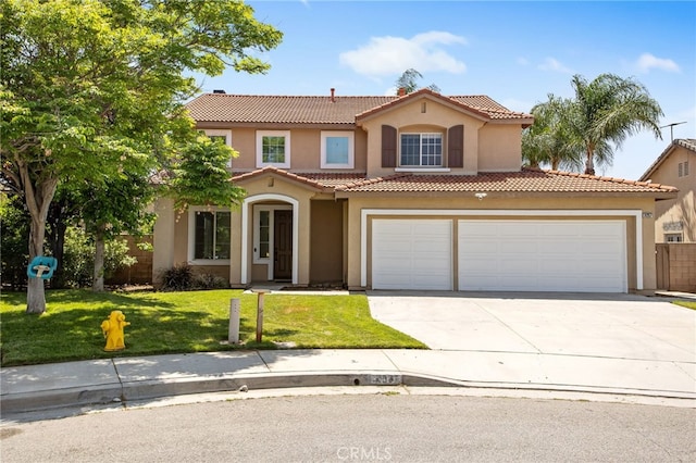 31257 Casera Ct, Menifee, CA 92584 - mediterranean / spanish-style house featuring a tiled roof, stucco siding, driveway, and a front lawn