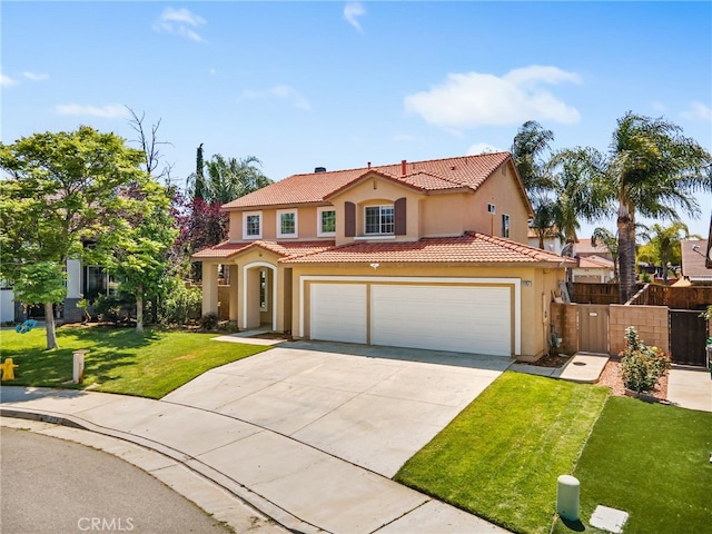 31257 Casera Ct, Menifee, CA 92584 - mediterranean / spanish house with stucco siding, concrete driveway, a tiled roof, and an attached garage