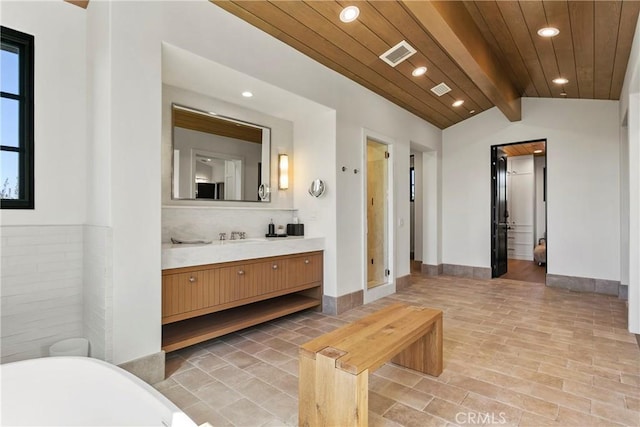 4 Thomas Rd, Ladera Ranch, CA 92694 - full bath featuring recessed lighting, vanity, a freestanding bath, wood ceiling, and a stall shower