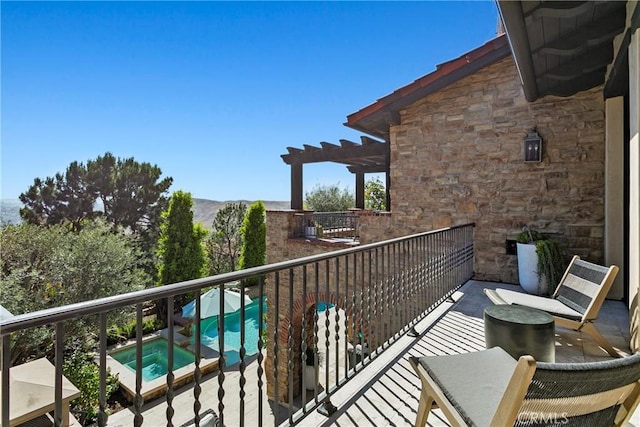 4 Thomas Rd, Ladera Ranch, CA 92694 - balcony featuring view of pool area, an in-ground hot tub, a pergola, and a mountain view