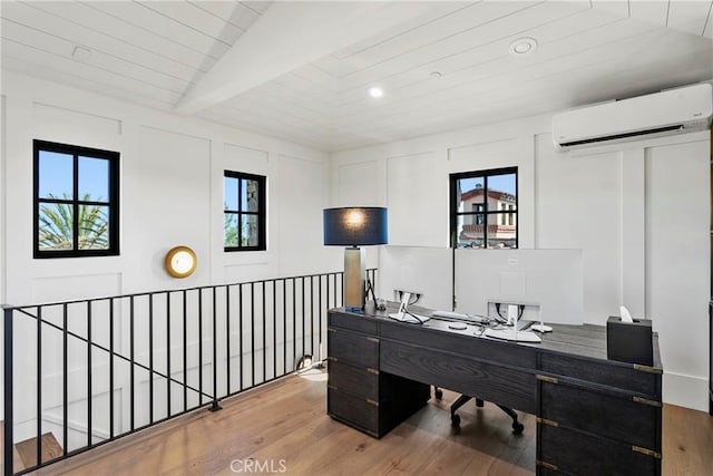 4 Thomas Rd, Ladera Ranch, CA 92694 - office area with a wall mounted AC, healthy amount of natural light, wood finished floors, wooden ceiling, and recessed lighting