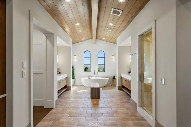 4 Thomas Rd, Ladera Ranch, CA 92694 - full bathroom featuring vanity, wooden ceiling, a shower stall, recessed lighting, and a freestanding tub