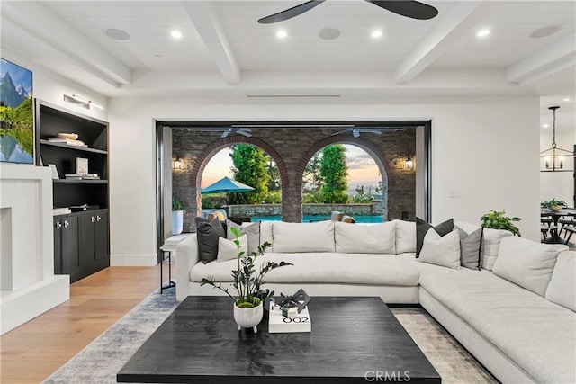 4 Thomas Rd, Ladera Ranch, CA 92694 - living room with light wood-style flooring, a ceiling fan, beam ceiling, recessed lighting, and built in shelves