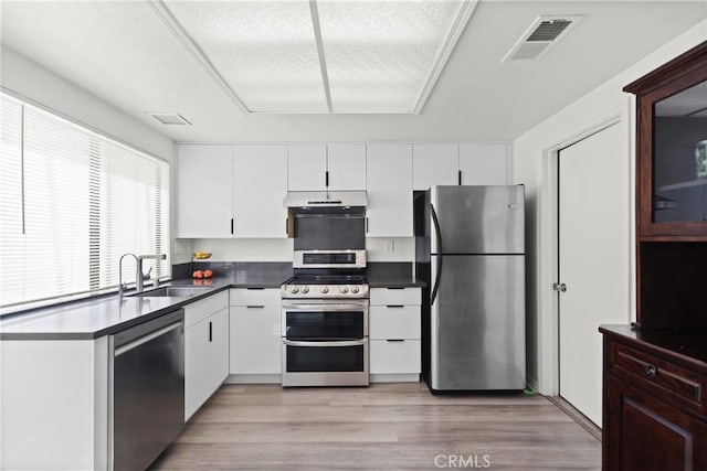 29 Morena Unit 35, Irvine, CA 92612 - kitchen featuring stainless steel appliances, under cabinet range hood, dark countertops, and white cabinetry