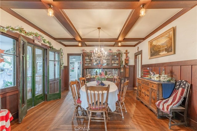 7914 Magnolia Ave, Riverside, CA 92504 - dining space featuring a chandelier, plenty of natural light, a wainscoted wall, coffered ceiling, and beamed ceiling