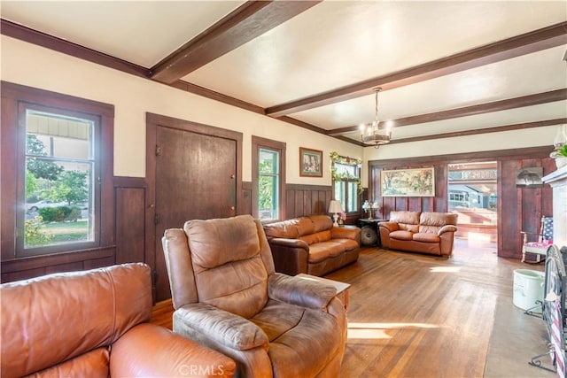 7914 Magnolia Ave, Riverside, CA 92504 - living area featuring a wainscoted wall, beam ceiling, a chandelier, and wood finished floors