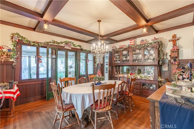 7914 Magnolia Ave, Riverside, CA 92504 - dining space featuring coffered ceiling, a chandelier, wood finished floors, and beam ceiling