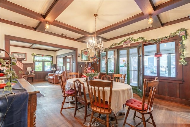 7914 Magnolia Ave, Riverside, CA 92504 - dining room featuring coffered ceiling, wood finished floors, beam ceiling, wainscoting, and a chandelier