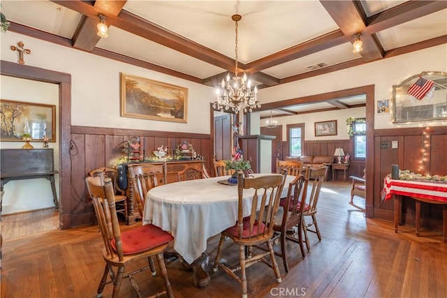 7914 Magnolia Ave, Riverside, CA 92504 - dining space with wainscoting, coffered ceiling, a chandelier, beam ceiling, and hardwood / wood-style flooring