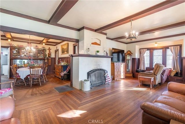 7914 Magnolia Ave, Riverside, CA 92504 - living area with a chandelier, beam ceiling, and a fireplace with flush hearth