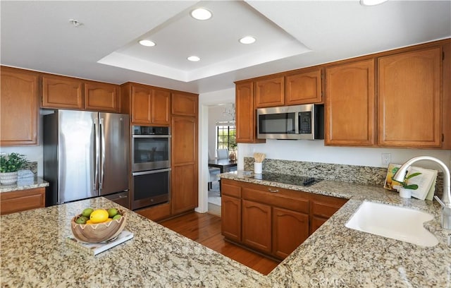 2245 Avenida Oliva, San Clemente, CA 92673 - kitchen featuring appliances with stainless steel finishes, a raised ceiling, dark wood-type flooring, recessed lighting, and light stone counters