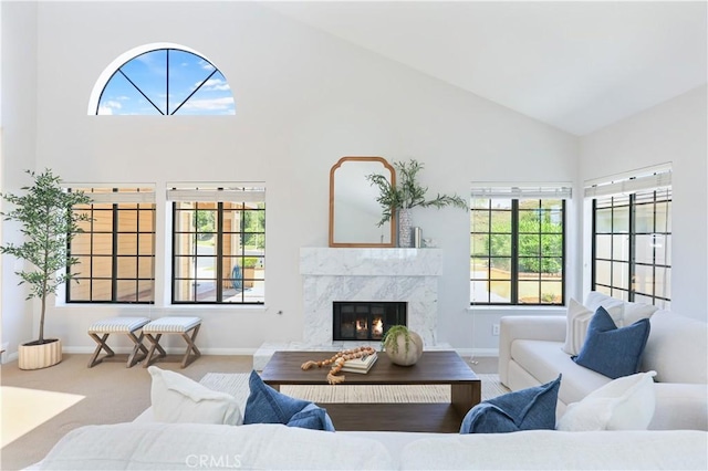 2245 Avenida Oliva, San Clemente, CA 92673 - carpeted living area with high vaulted ceiling, plenty of natural light, and a high end fireplace