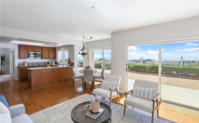 2245 Avenida Oliva, San Clemente, CA 92673 - living room with dark wood finished floors and a chandelier