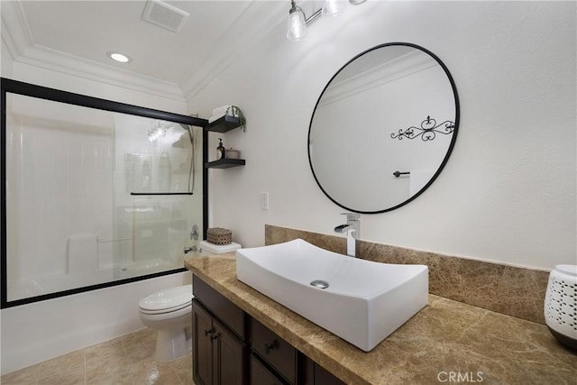 33976 Galleron St, Temecula, CA 92592 - full bathroom with crown molding, vanity, bath / shower combo with glass door, and recessed lighting