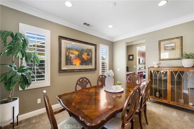 33976 Galleron St, Temecula, CA 92592 - dining room featuring carpet floors, ornamental molding, and recessed lighting