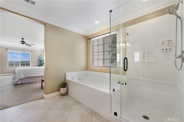 33976 Galleron St, Temecula, CA 92592 - full bathroom with a bath, a stall shower, crown molding, tile patterned floors, and ceiling fan