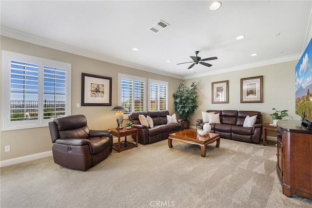 33976 Galleron St, Temecula, CA 92592 - living room featuring light carpet, crown molding, a ceiling fan, and recessed lighting