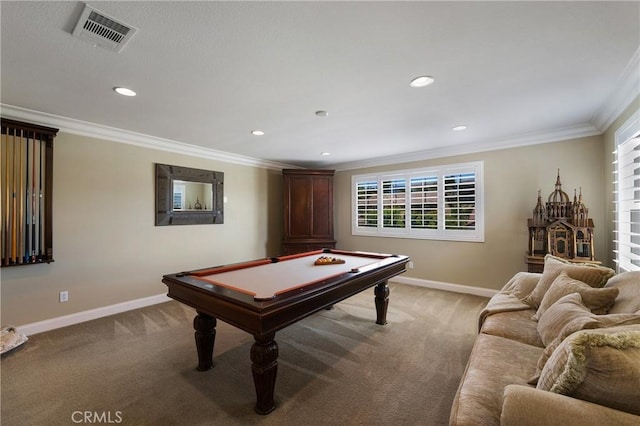 33976 Galleron St, Temecula, CA 92592 - playroom featuring crown molding, pool table, light carpet, and recessed lighting