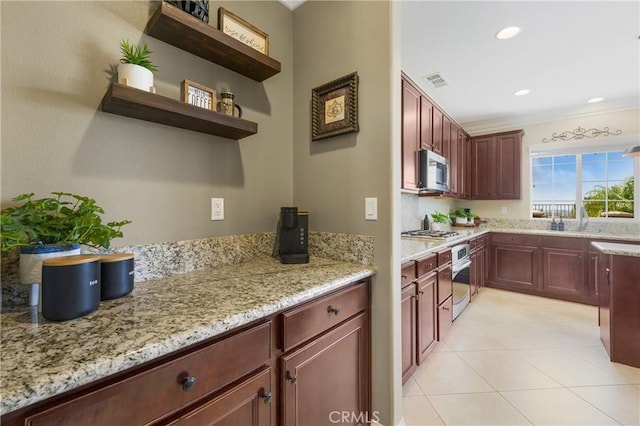 33976 Galleron St, Temecula, CA 92592 - kitchen featuring appliances with stainless steel finishes, open shelves, light tile patterned flooring, light stone countertops, and crown molding