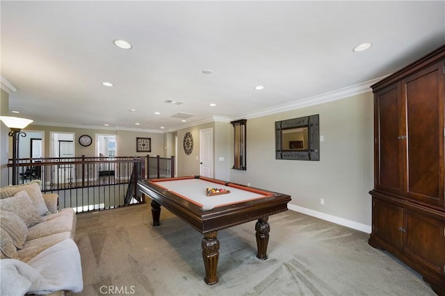 33976 Galleron St, Temecula, CA 92592 - recreation room with light colored carpet, ornamental molding, recessed lighting, and billiards