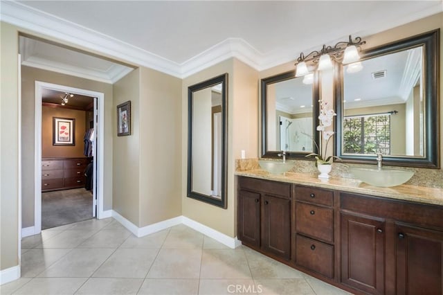 33976 Galleron St, Temecula, CA 92592 - full bath featuring double vanity, crown molding, and tile patterned floors