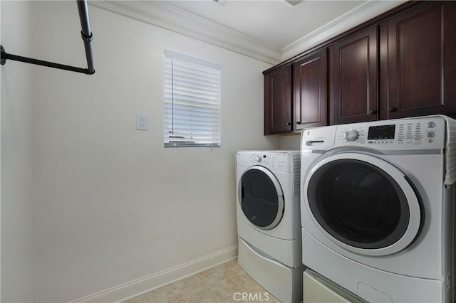 33976 Galleron St, Temecula, CA 92592 - laundry room featuring cabinet space, independent washer and dryer, and crown molding