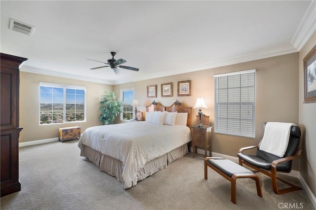33976 Galleron St, Temecula, CA 92592 - bedroom with crown molding, multiple windows, light colored carpet, and a ceiling fan