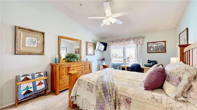 7075 Montana Ave, Fontana, CA 92336 - bedroom with light carpet, lofted ceiling, and ceiling fan