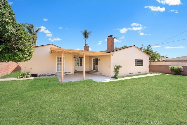 181 W Casad St, Covina, CA 91723 - back of house featuring a chimney, stucco siding, a patio, crawl space, and a ceiling fan