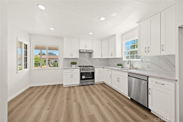 181 W Casad St, Covina, CA 91723 - kitchen with appliances with stainless steel finishes, light countertops, light wood finished floors, backsplash, and white cabinetry