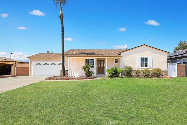 181 W Casad St, Covina, CA 91723 - ranch-style house with concrete driveway, an attached garage, a front lawn, and board and batten siding