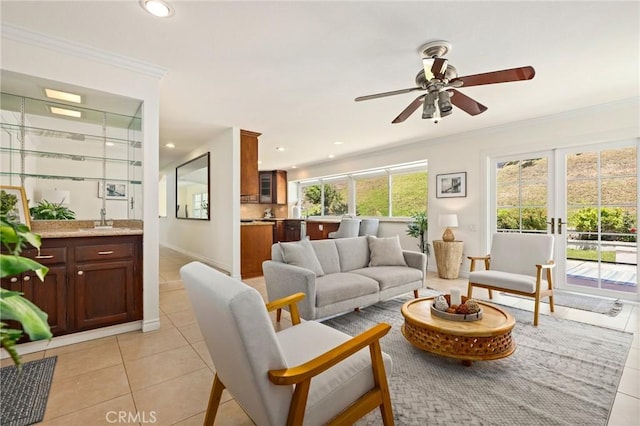 20681 Via Amarilla, Yorba Linda, CA 92886 - living room with ornamental molding, light tile patterned flooring, a ceiling fan, recessed lighting, and french doors