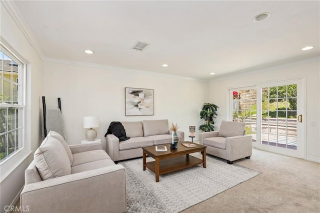 20681 Via Amarilla, Yorba Linda, CA 92886 - living area featuring light colored carpet, recessed lighting, and ornamental molding