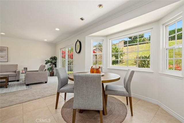 20681 Via Amarilla, Yorba Linda, CA 92886 - dining area with light tile patterned floors, ornamental molding, and recessed lighting