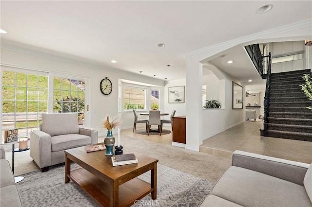 20681 Via Amarilla, Yorba Linda, CA 92886 - living room with stairway, recessed lighting, crown molding, and light colored carpet