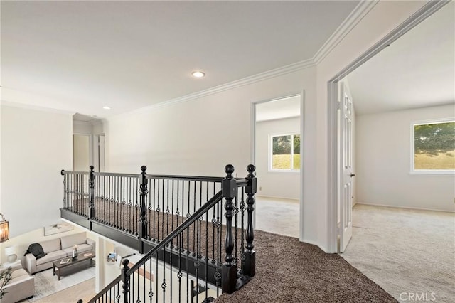 20681 Via Amarilla, Yorba Linda, CA 92886 - hallway featuring carpet, an upstairs landing, plenty of natural light, crown molding, and recessed lighting