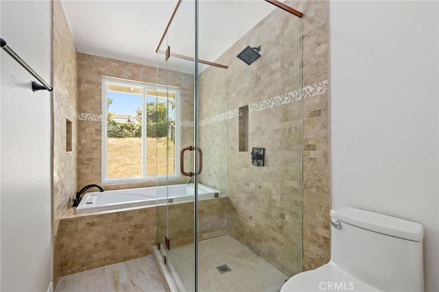 20681 Via Amarilla, Yorba Linda, CA 92886 - full bathroom featuring a bath, a shower stall, and marble look tile flooring