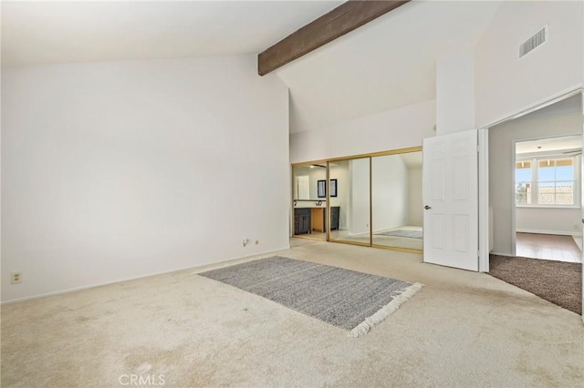 20681 Via Amarilla, Yorba Linda, CA 92886 - unfurnished bedroom with carpet, beamed ceiling, a closet, and high vaulted ceiling