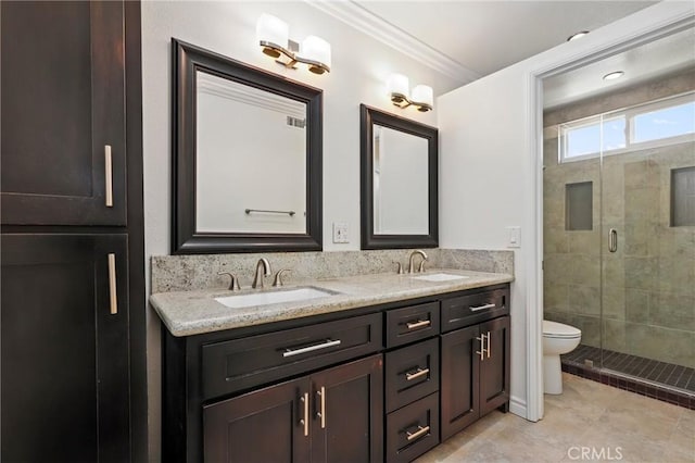20681 Via Amarilla, Yorba Linda, CA 92886 - bathroom with double vanity, a stall shower, ornamental molding, and tile patterned floors