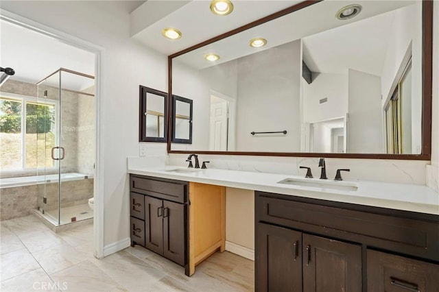 20681 Via Amarilla, Yorba Linda, CA 92886 - bathroom featuring double vanity, a stall shower, vaulted ceiling, a garden tub, and recessed lighting