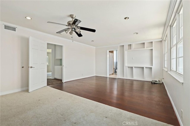 20681 Via Amarilla, Yorba Linda, CA 92886 - unfurnished living room with a ceiling fan, ornamental molding, wood finished floors, recessed lighting, and carpet floors
