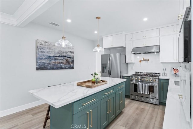 4400 Homer St, Los Angeles, CA 90031 - kitchen with stainless steel appliances, green cabinets, under cabinet range hood, white cabinets, and recessed lighting