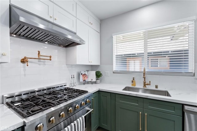 4400 Homer St, Los Angeles, CA 90031 - kitchen with stainless steel appliances, under cabinet range hood, green cabinetry, tasteful backsplash, and white cabinets