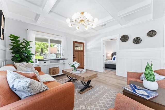 4400 Homer St, Los Angeles, CA 90031 - living room featuring coffered ceiling, a decorative wall, wood finished floors, beamed ceiling, and a chandelier