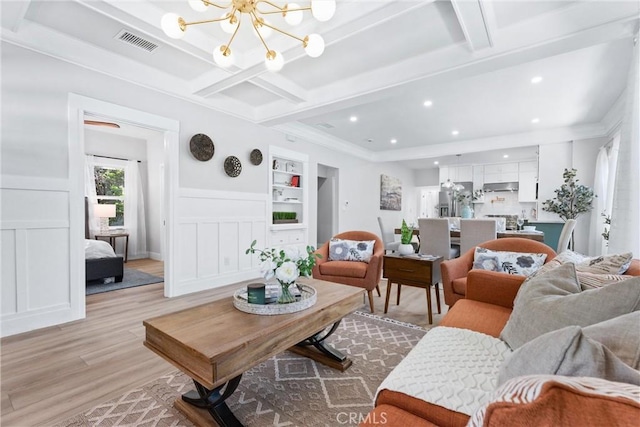 4400 Homer St, Los Angeles, CA 90031 - living area featuring a chandelier, coffered ceiling, light wood-style flooring, recessed lighting, and beam ceiling