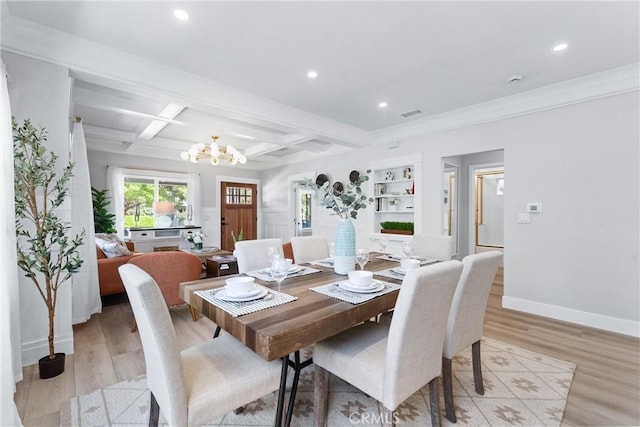 4400 Homer St, Los Angeles, CA 90031 - dining area featuring a chandelier, light wood-style flooring, recessed lighting, coffered ceiling, and beam ceiling